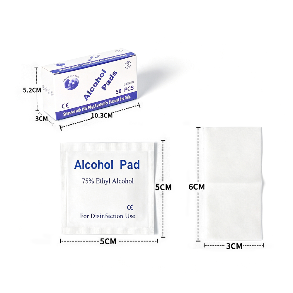 Salviette disinfettanti con alcol etilico da 50 pezzi/scatola al 75% confezionate singolarmente 6x3 cm per il primo soccorso e la cura personale