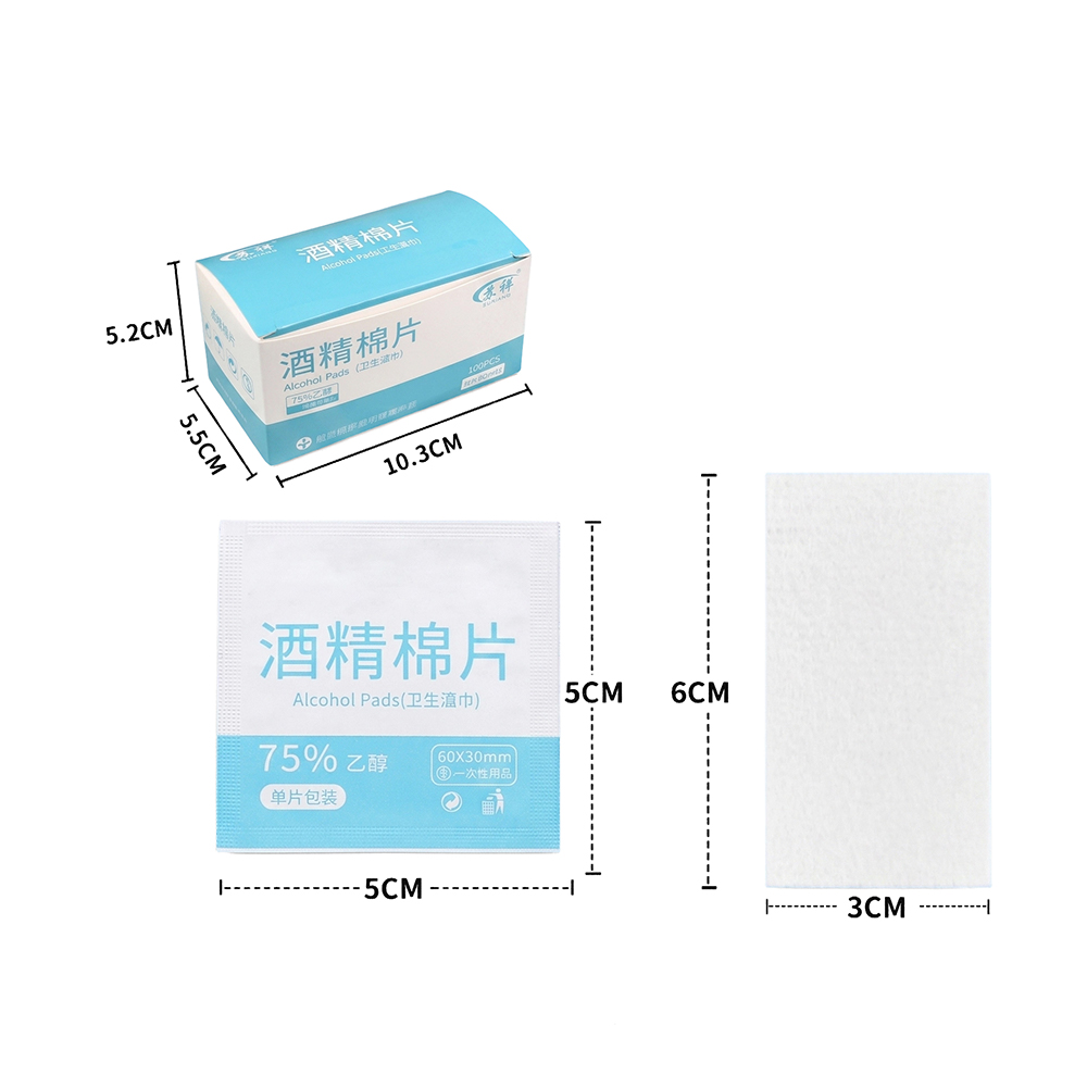 100 tamponi/scatola tamponi preparatori con alcol al 75% (6x3 cm) per casa, ufficio e pronto soccorso