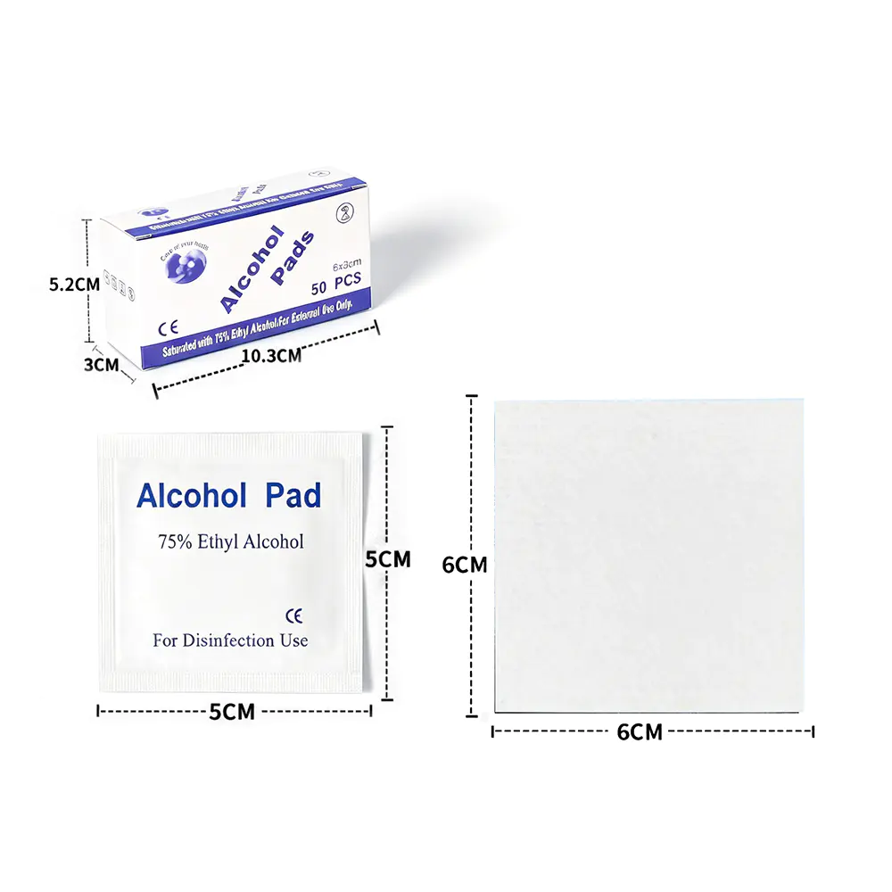 Confezione da 50 tamponi premium confezionati singolarmente, 6x6 cm, con alcool etilico al 75% da 50 pezzi/scatola